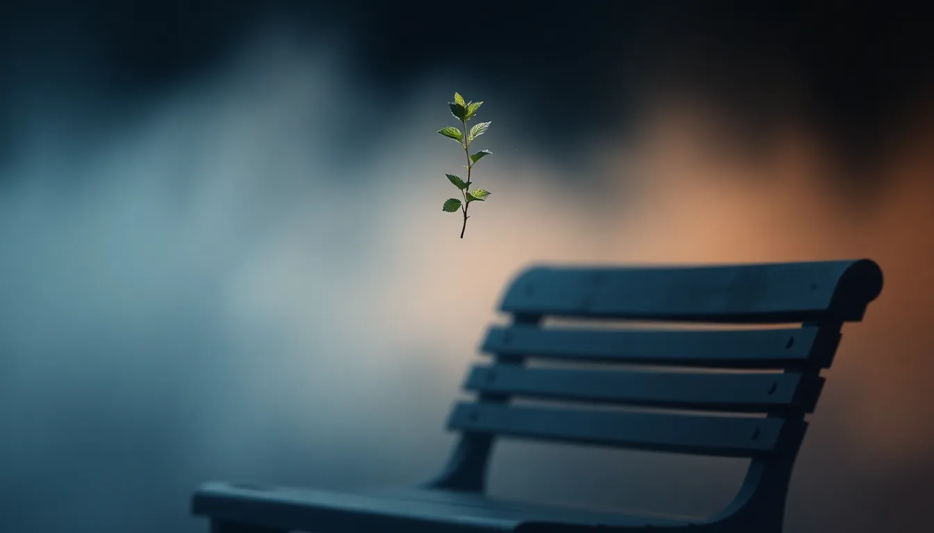 A bench with a floating mint sprig, symbolising memory and new beginnings
